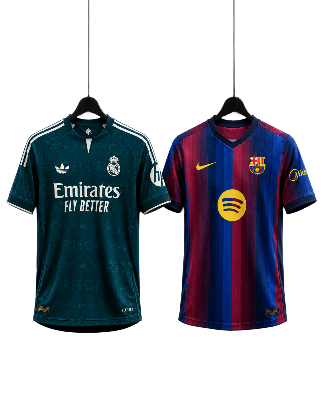 Real Madrid and Barcelona jerseys hanging side by side